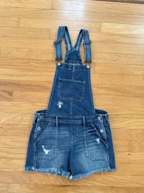Hollister Indigo Distressed Denim Women's Boyfriend Short Overalls